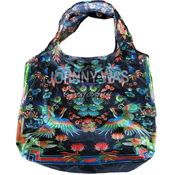 Johnny Was Large Reusable Shopper Tote Bag Floral Birds Packable Foldable 18x15 - Picture 3 of 7